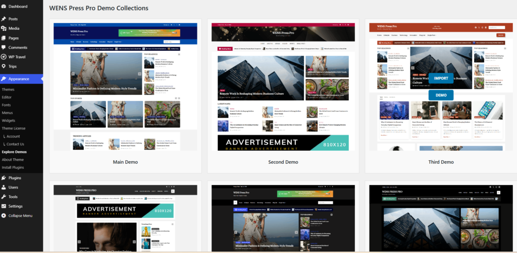 WENS Press Demo Import dashboard